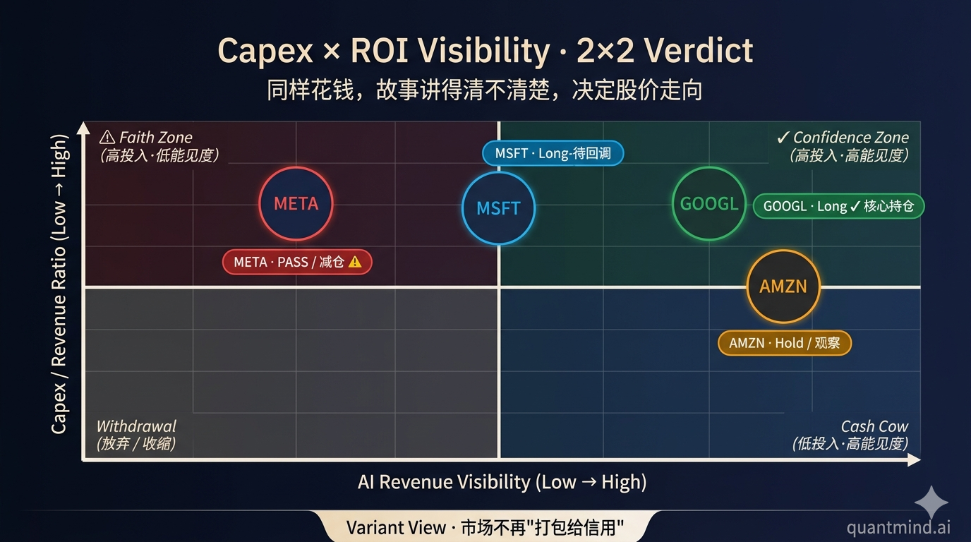 Capex × ROI Visibility 2×2 Verdict · Same dollars, different stories