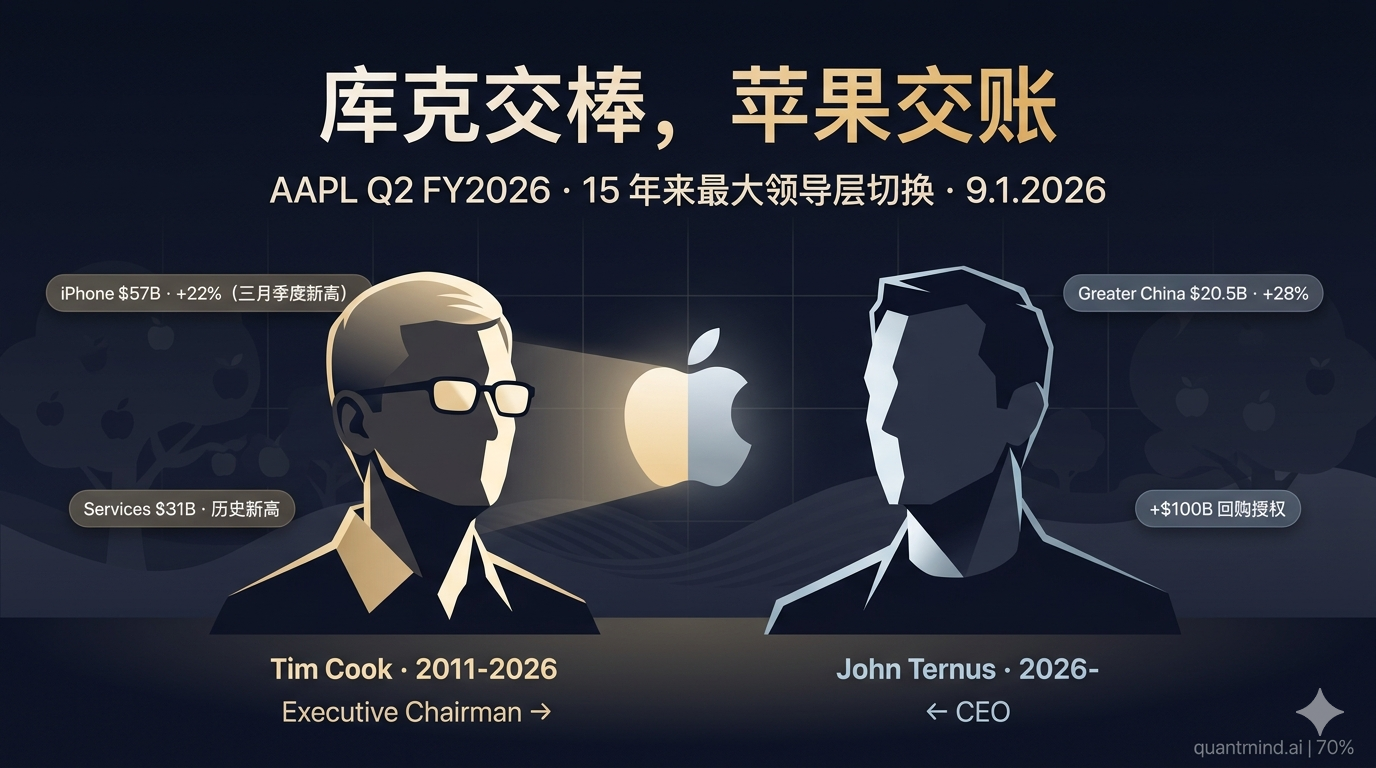 $AAPL Q2 FY2026 深度拆解：库克交棒 + iPhone 17 超周期 + 中国 +28%——不打 AI Capex 牌，照样上历史新高