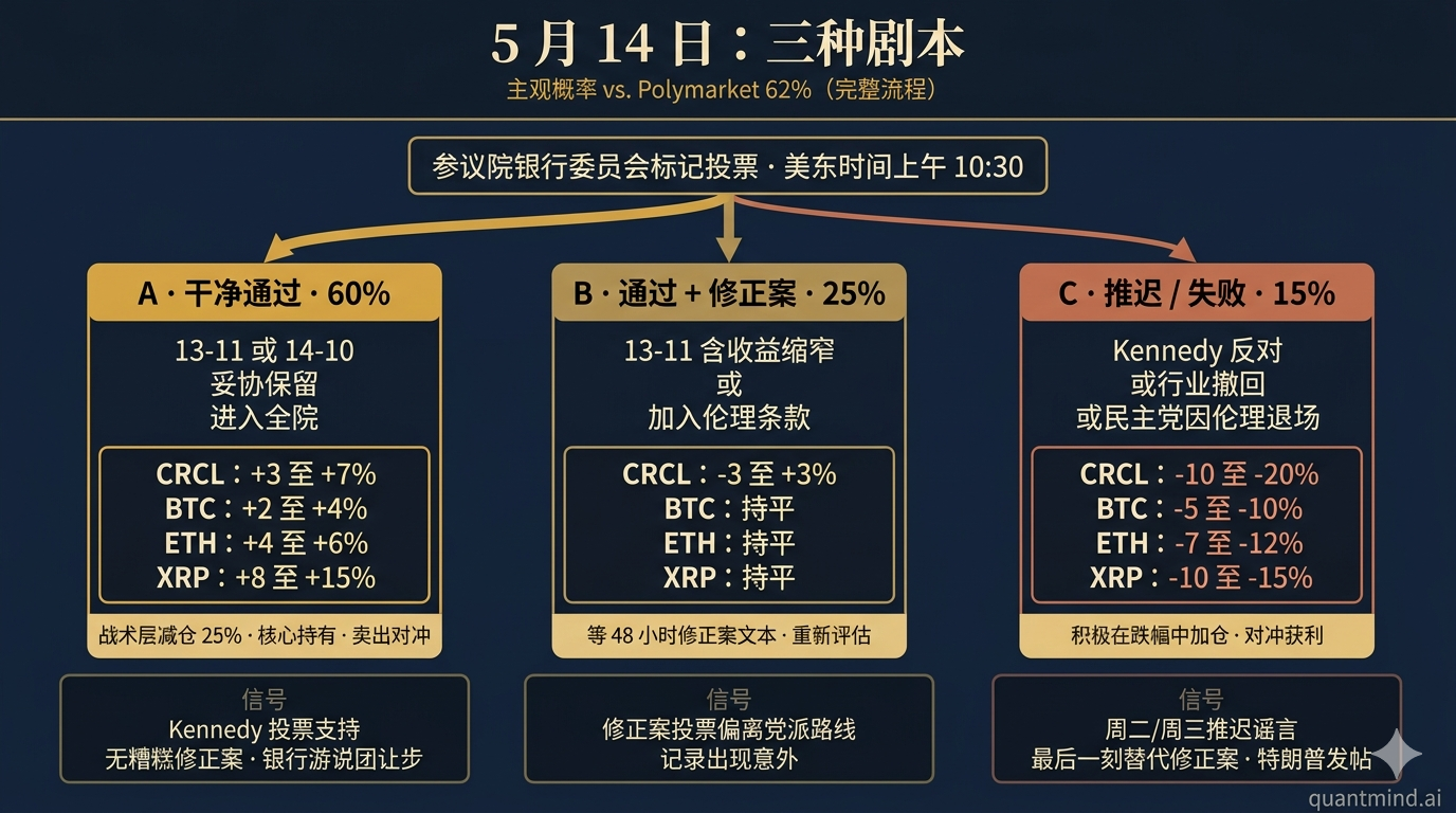5 月 14 日三种剧本:60% 干净通过 · 25% 通过含修正案 · 15% 推迟或失败,含资产反应与信号